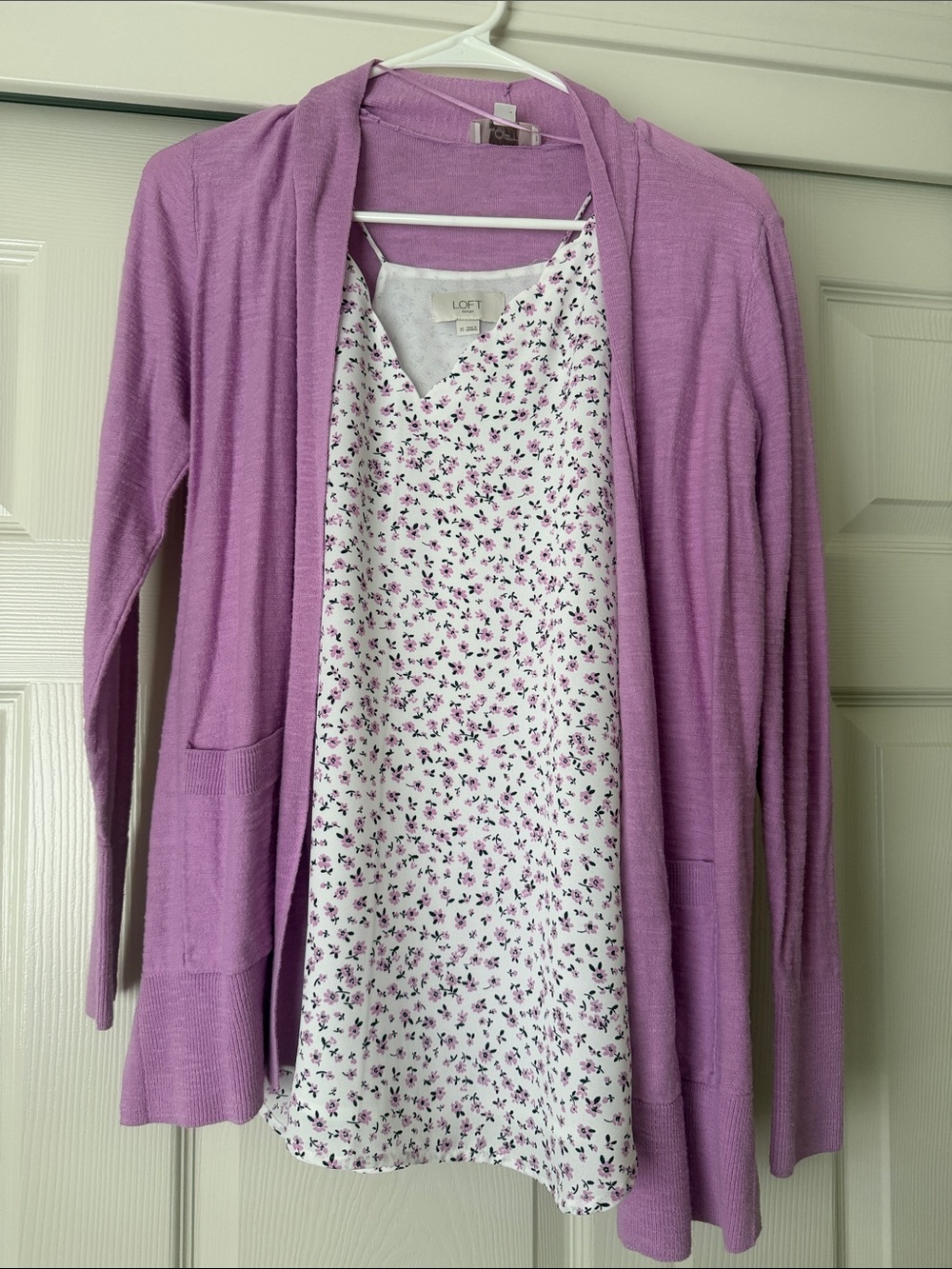 LOFT Lavender Open-Front Cardigan with White Floral Shell